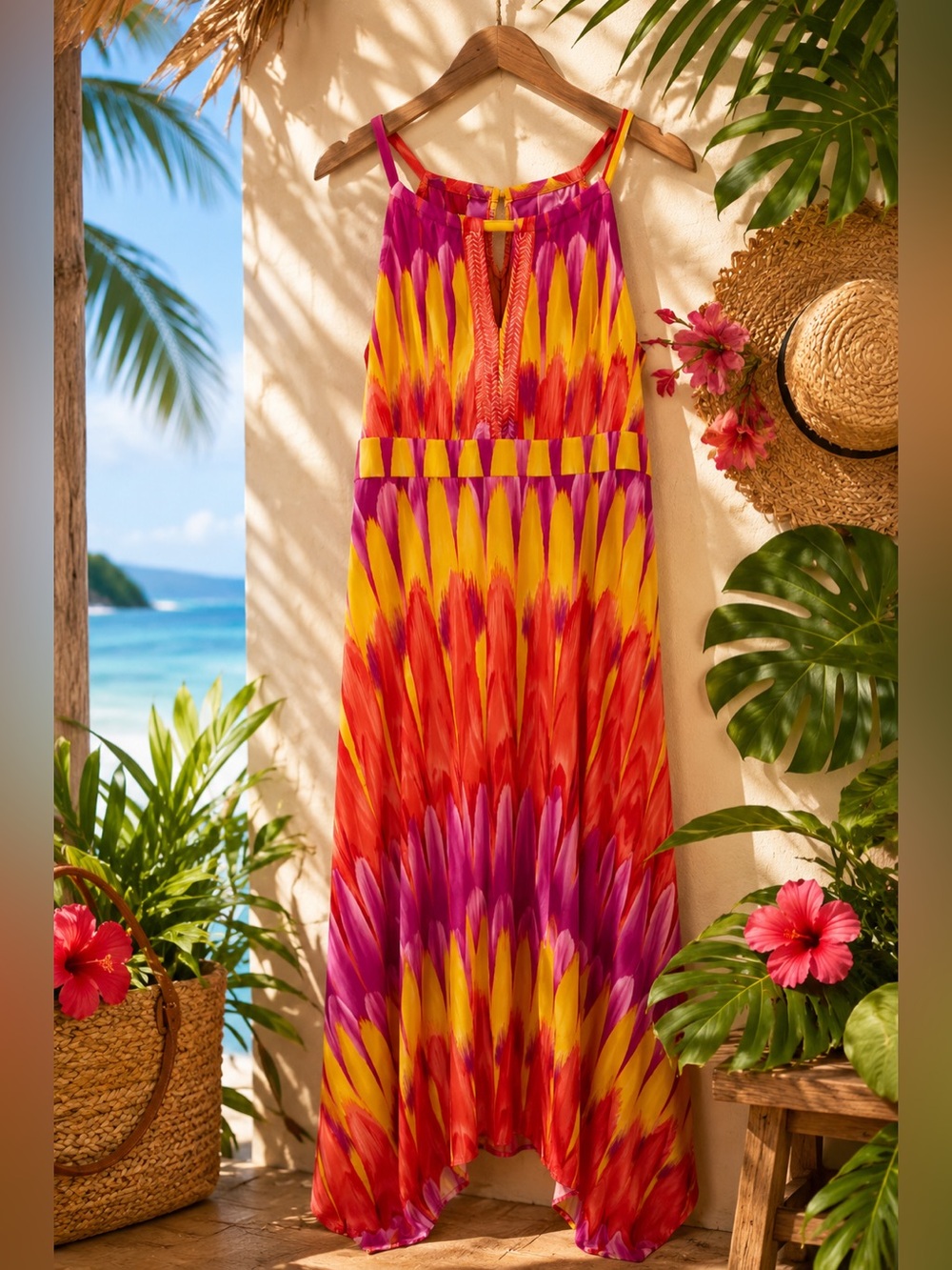 INC International Concepts Pink Yellow Orange Tropical Print One-Piece Dress